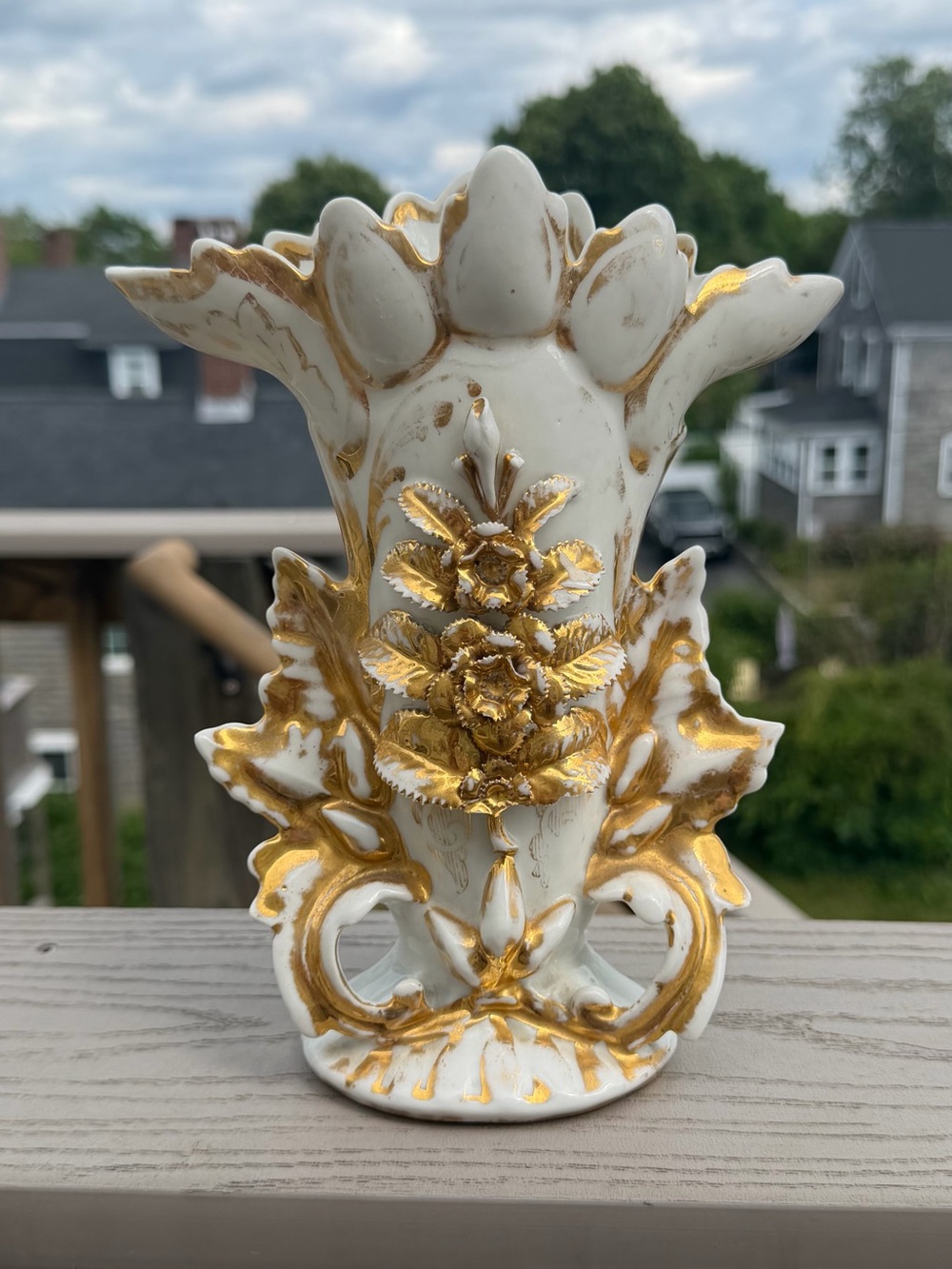 Antique French Vieux Old Paris Spill Vase, Floral Gold Gilt Decor, 19c.